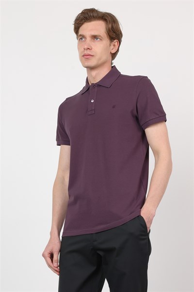 Mor Polo Yaka Kısa Kol Cepsiz Slim Fit Pamuklu Tişört 1011260154