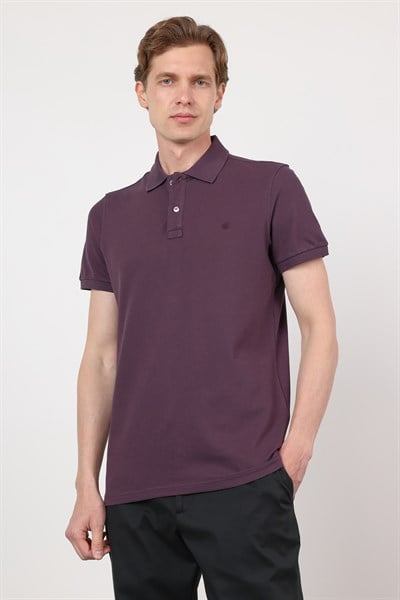 Mor Polo Yaka Kısa Kol Cepsiz Slim Fit Pamuklu Tişört 1011260154