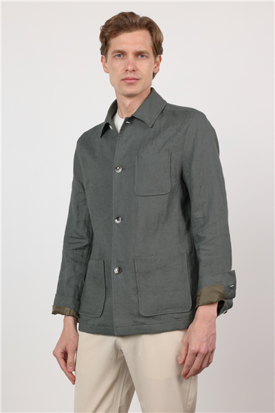 Nane Yeşil Berberi Yaka Keten Düz Slim Fit Casual Mont 1007260152