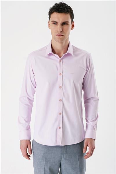Pembe Uzun Kollu Armürlü Cepsiz Pamuklu Likralı Slim Fit Dar Kesim Gömlek 1004240193
