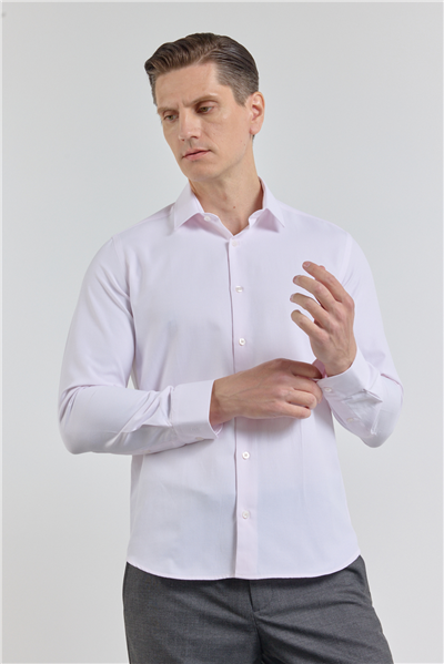 Pudra Kendinden Desenli Sert Yaka Uzun Kol Cepsiz Slim Fit Pamuklu Gömlek 1004255283