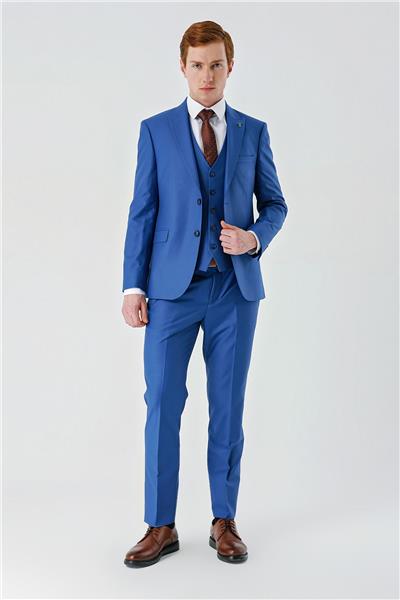 Saks Gabardin Kırlangıç Yaka Yelekli 6 Drop Slim Fit Klasik Takım Elbise 1001240187