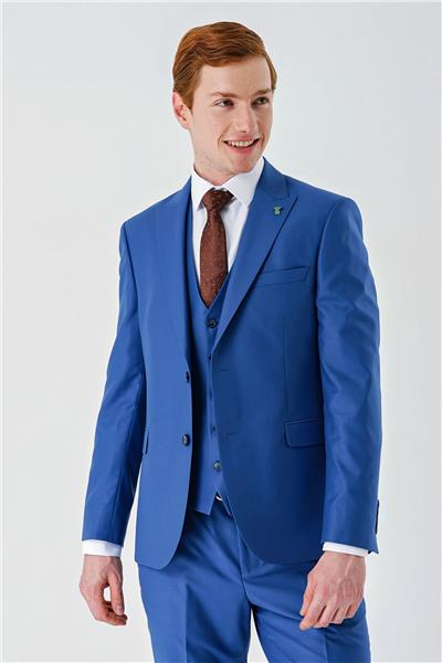 Saks Gabardin Kırlangıç Yaka Yelekli 6 Drop Slim Fit Klasik Takım Elbise 1001240187