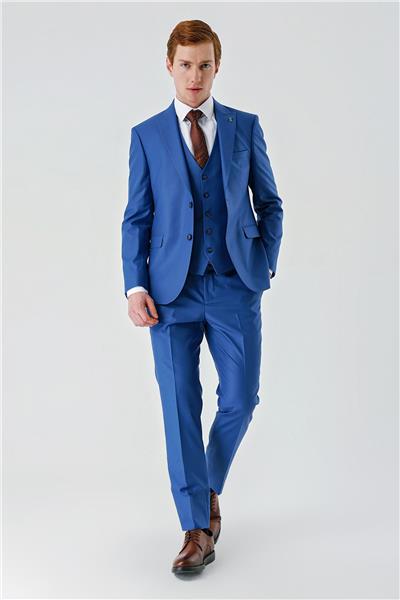 Saks Gabardin Kırlangıç Yaka Yelekli 6 Drop Slim Fit Klasik Takım Elbise 1001240187