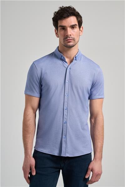 Saks Kısa Kol Düz Örme Düğmeli Yaka Pamuklu Slim Fit Gömlek 1004250152