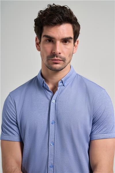Saks Kısa Kol Düz Örme Düğmeli Yaka Pamuklu Slim Fit Gömlek 1004250152