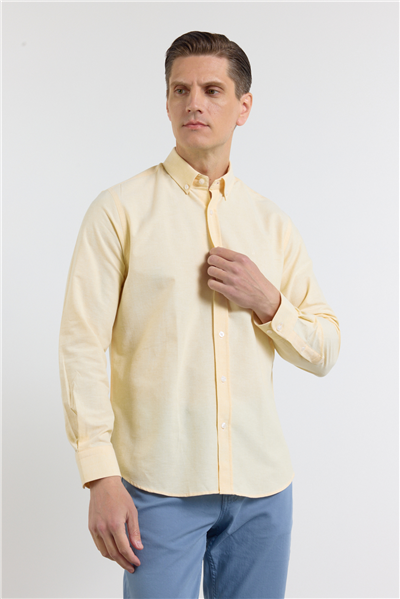 Sarı Oxford Düğmeli Yaka Uzun Kol Cepsiz Slim Fit Pamuklu Gömlek 1004260182