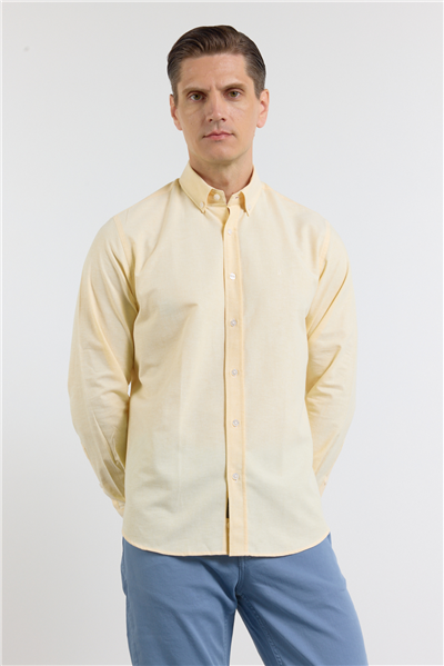 Sarı Oxford Düğmeli Yaka Uzun Kol Cepsiz Slim Fit Pamuklu Gömlek 1004260182