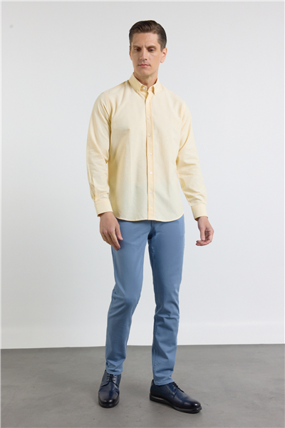 Sarı Oxford Düğmeli Yaka Uzun Kol Cepsiz Slim Fit Pamuklu Gömlek 1004260182
