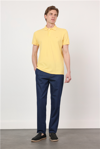 Sarı Polo Yaka Kısa Kol Cepsiz Slim Fit Pamuklu Tişört 1011260154
