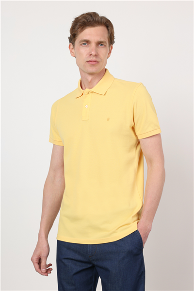 Sarı Polo Yaka Kısa Kol Cepsiz Slim Fit Pamuklu Tişört 1011260154