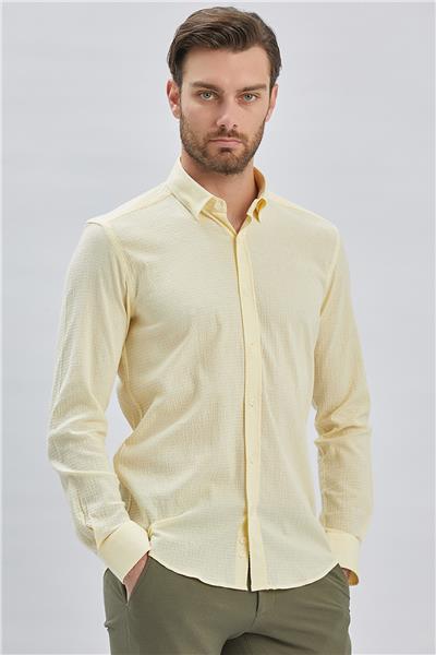 Sarı Uzun Kollu Biritli Yaka Biyeli Pamuklu Likralı Casual Slim Fit Dar Kesim Gömlek 1004240232