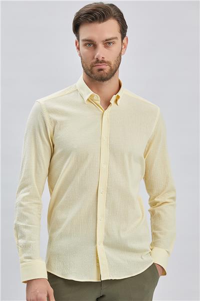 Sarı Uzun Kollu Biritli Yaka Biyeli Pamuklu Likralı Casual Slim Fit Dar Kesim Gömlek 1004240232