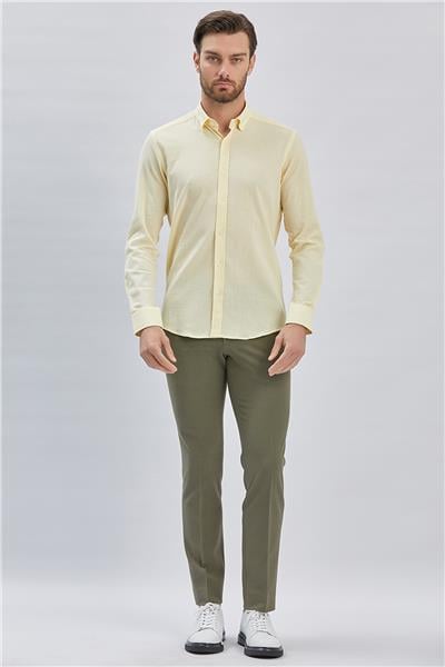 Sarı Uzun Kollu Biritli Yaka Biyeli Pamuklu Likralı Casual Slim Fit Dar Kesim Gömlek 1004240232