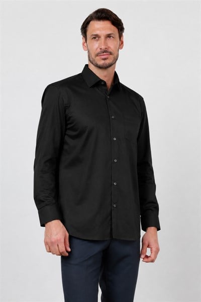 Siyah Sert Yaka Uzun Kol Cepli Saten Comfort Fit %100 Pamuk Gömlek 1004260423