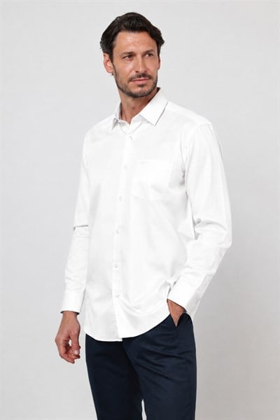 Beyaz Sert Yaka Uzun Kol Cepli Saten Comfort Fit %100 Pamuk Gömlek 1004260423