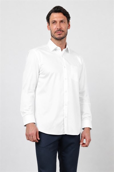 Beyaz Sert Yaka Uzun Kol Cepli Saten Comfort Fit %100 Pamuk Gömlek 1004260423