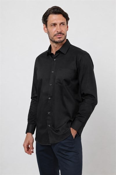 Siyah Sert Yaka Uzun Kol Cepli Saten Comfort Fit %100 Pamuk Gömlek 1004260423