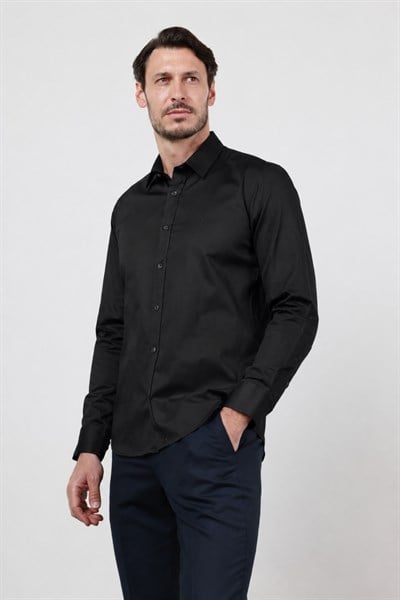 Siyah Sert Yaka Uzun Kol Cepsiz Saten Slim Fit %100 Pamuk Gömlek 1004260424
