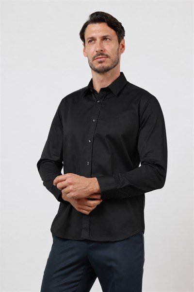 Siyah Sert Yaka Uzun Kol Cepsiz Saten Slim Fit %100 Pamuk Gömlek 1004260424