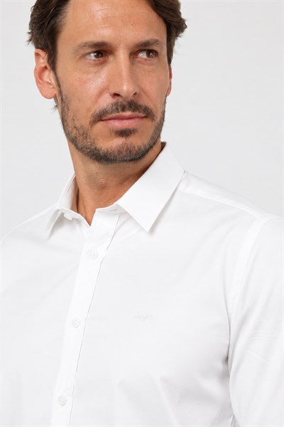 Beyaz Sert Yaka Uzun Kol Cepsiz Saten Slim Fit %100 Pamuk Gömlek 1004260424