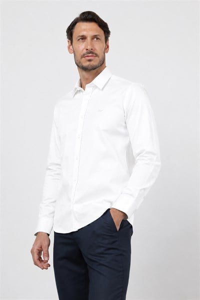 Beyaz Sert Yaka Uzun Kol Cepsiz Saten Slim Fit %100 Pamuk Gömlek 1004260424