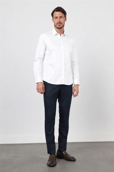 Beyaz Sert Yaka Uzun Kol Cepsiz Saten Slim Fit %100 Pamuk Gömlek 1004260424