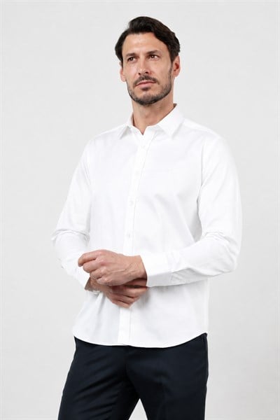 Beyaz Sert Yaka Uzun Kol Cepsiz Saten Slim Fit %100 Pamuk Gömlek 1004260424