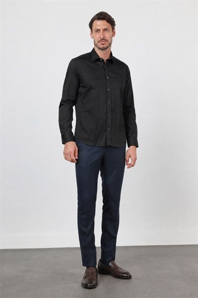 Siyah Sert Yaka Uzun Kol Cepsiz Saten Slim Fit %100 Pamuk Gömlek 1004260424