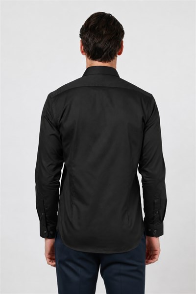 Siyah Sert Yaka Uzun Kol Cepsiz Saten Slim Fit %100 Pamuk Gömlek 1004260424