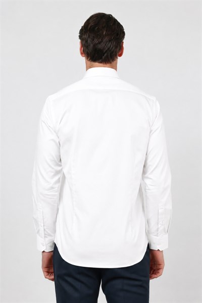 Beyaz Sert Yaka Uzun Kol Cepsiz Saten Slim Fit %100 Pamuk Gömlek 1004260424