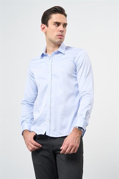 Mavi Sert Yaka Uzun Kol Cepsiz Slim Fit %100 Pamuk Gömlek 1004260324