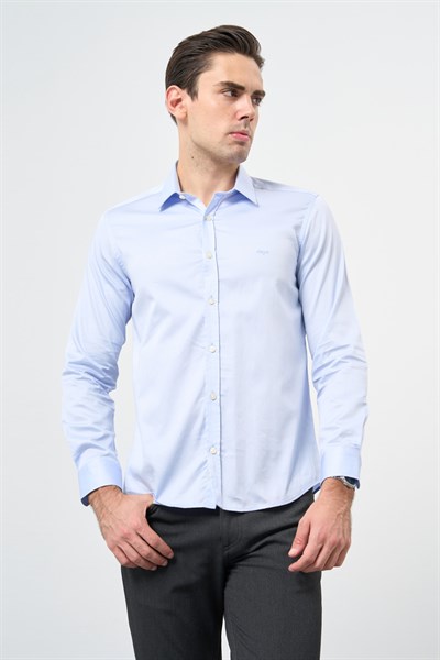 Mavi Sert Yaka Uzun Kol Cepsiz Slim Fit %100 Pamuk Gömlek 1004260324