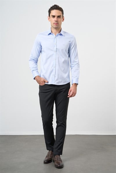 Mavi Sert Yaka Uzun Kol Cepsiz Slim Fit %100 Pamuk Gömlek 1004260324