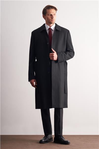 Siyah 115 Cm Kaşe Polo Yaka Düz Esnek Garnisiz-Biyesiz Comfort Fit Palto 1005255150