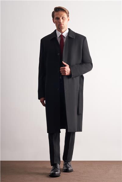 Siyah 115 Cm Kaşe Polo Yaka Düz Esnek Garnisiz-Biyesiz Comfort Fit Palto 1005255150