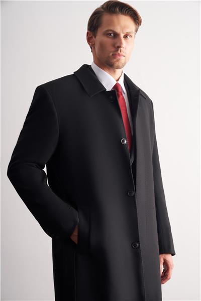 Siyah 115 Cm Kaşe Polo Yaka Düz Esnek Garnisiz-Biyesiz Comfort Fit Palto 1005255150