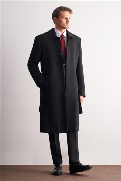 Siyah 115 Cm Kaşe Polo Yaka Düz Esnek Garnisiz-Biyesiz Comfort Fit Palto 1005255150