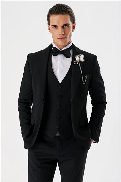Siyah Çıkarılabilir Şal Yaka Yelekli Likralı 6 Drop Slim Fit Smokin Damatlık 1001240202