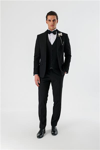 Siyah Çıkarılabilir Şal Yaka Yelekli Likralı 6 Drop Slim Fit Smokin Damatlık 1001240202