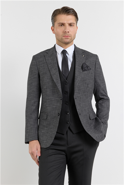Siyah - Antrasit Mono Yaka Kazayağı Desen 6 Drop Slim Fit Keten Karışımlı Takım Elbise 1001260150
