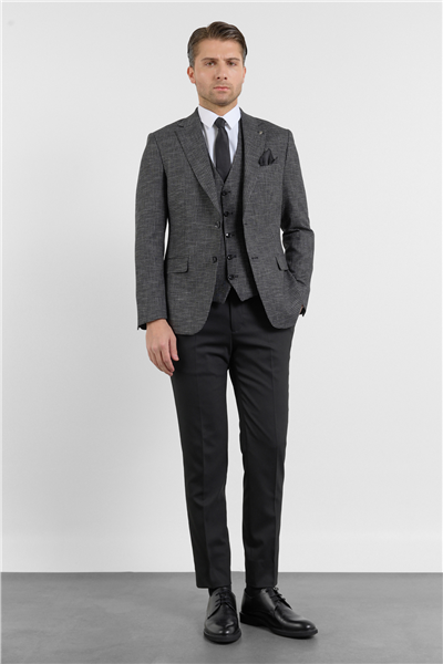 Siyah - Antrasit Mono Yaka Kazayağı Desen 6 Drop Slim Fit Keten Karışımlı Takım Elbise 1001260150