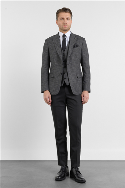 Siyah - Antrasit Mono Yaka Kazayağı Desen 6 Drop Slim Fit Keten Karışımlı Takım Elbise 1001260150