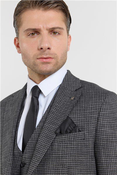 Siyah - Antrasit Mono Yaka Kazayağı Desen 6 Drop Slim Fit Keten Karışımlı Takım Elbise 1001260150