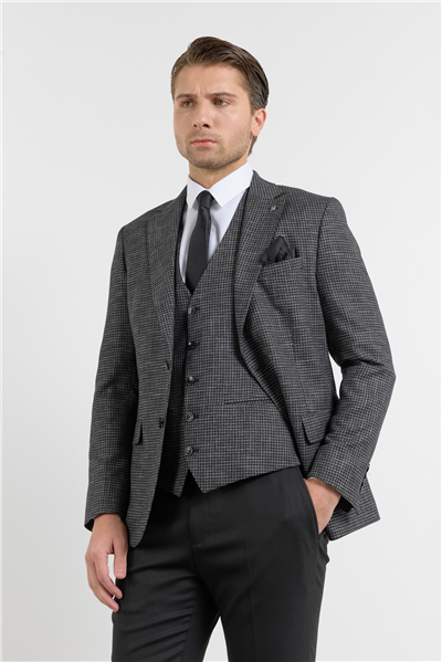 Siyah - Antrasit Mono Yaka Kazayağı Desen 6 Drop Slim Fit Keten Karışımlı Takım Elbise 1001260150