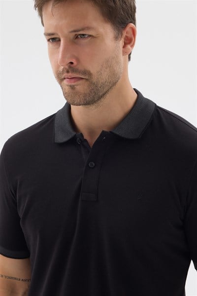 Siyah-Antrasit Polo Yaka Pike Kısa Kol Slim Fit %100 Pamuk Tişört 1011260171