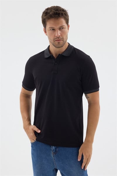 Siyah-Antrasit Polo Yaka Pike Kısa Kol Slim Fit %100 Pamuk Tişört 1011260171