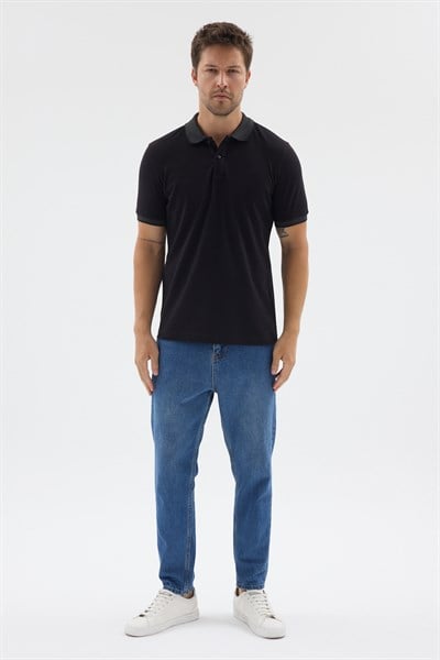 Siyah-Antrasit Polo Yaka Pike Kısa Kol Slim Fit %100 Pamuk Tişört 1011260171