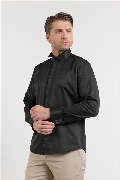 Siyah Ata Yaka Uzun Kol Cepsiz Slim Fit Pamuklu Gömlek 1004255915