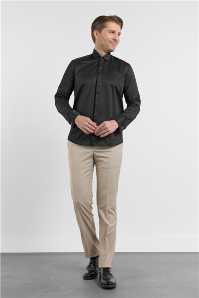 Siyah Ata Yaka Uzun Kol Cepsiz Slim Fit Pamuklu Gömlek 1004255915